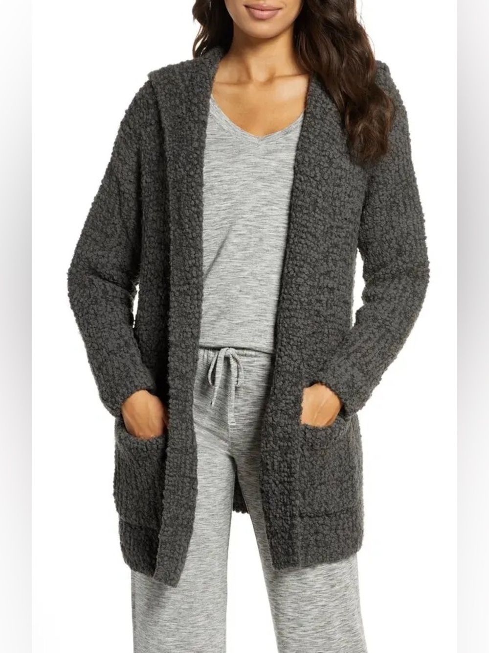 Barefoot Dreams Cozy Open-Front Bouclé Knit Cardigan Loungewear Hoodie